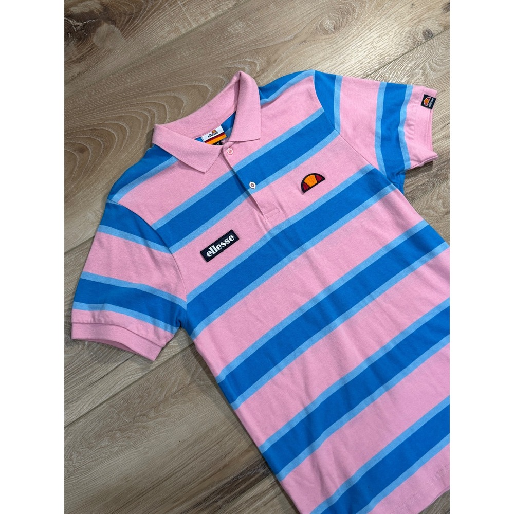 Ellesse Mens‎ Striped Pink Blue Polo Shirt Short Sleeve Casual Size M